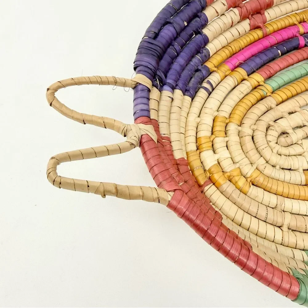 Colorful Woven Straw Oval Tray Basket Global Ethnic Tribal Southwestern